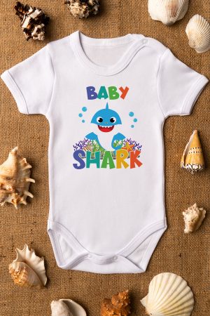Baby Shark Baskılı Kısa Kollu Bebek Body Beyaz Badi Zıbın 5166
