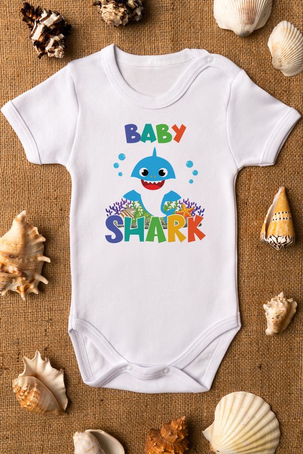 Baby Shark Baskılı Kısa Kollu Bebek Body Beyaz Badi Zıbın 5166