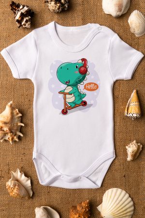 Sevimli Dinazor Baskılı Kısa Kollu Beyaz Bebek Body Badi Zıbın 5168