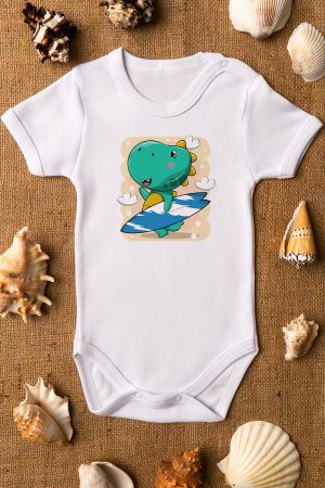Sevimli Dinazor Surf Baskılı Kısa Kollu Bebek Body Beyaz Badi Zıbın 5169