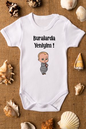 Buralarda Yeniyim Patron Bebek Baskılı Kısa Kollu Bebek Body Beyaz Badi Zıbın 5202