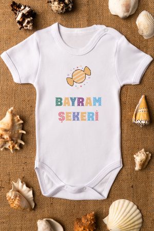 Bayram Şekeri Yazılı Kısa Kollu Beyaz Bebek Body Badi Zıbın 5208
