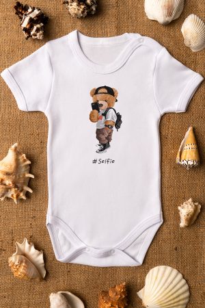 Teddy Bear Baskılı Kısa Kollu Beyaz Bebek Body Badi Zıbın 5222