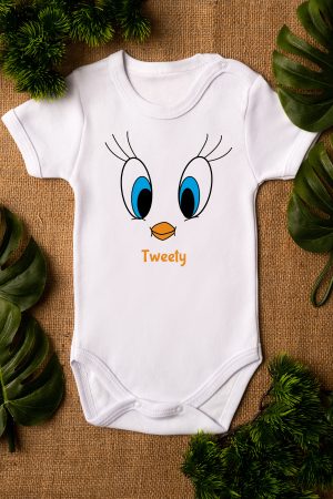 Sevimli Kuş Tweety Baskılı Kısa Kollu Beyaz Bebek Body Badi Zıbın 5230