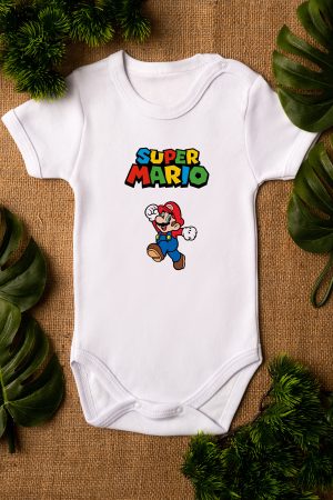 Super Mario Baskılı Kısa Kollu Beyaz Bebek Body Badi Zıbın 5233