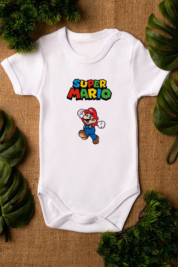 Super Mario Baskılı Kısa Kollu Beyaz Bebek Body Badi Zıbın 5233