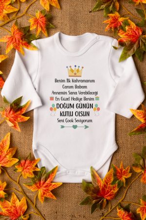 Baba Doğumgünü Hediye Baskılı Uzun Kollu Beyaz Bebek Body Badi Zıbın 5237-U