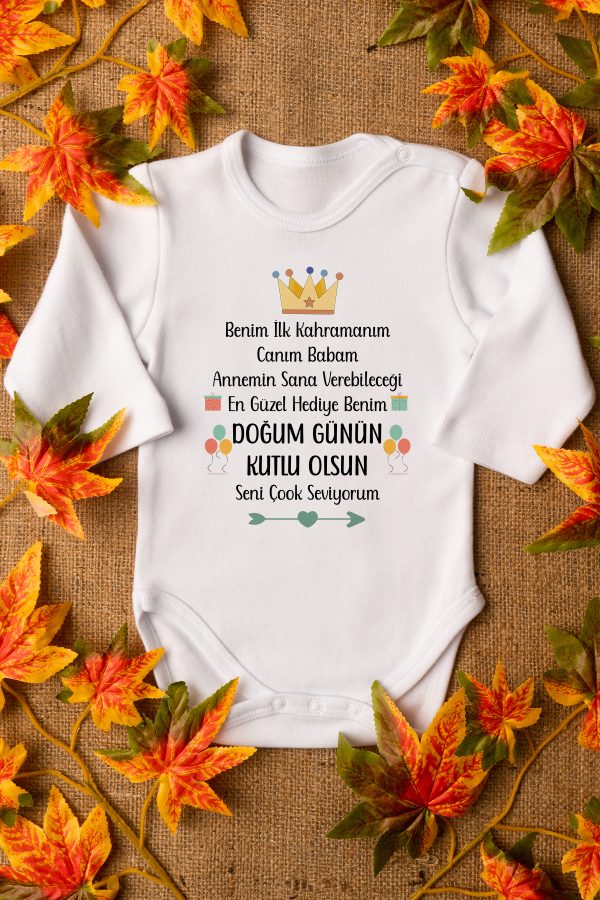 Baba Doğumgünü Hediye Baskılı Uzun Kollu Beyaz Bebek Body Badi Zıbın 5237-U