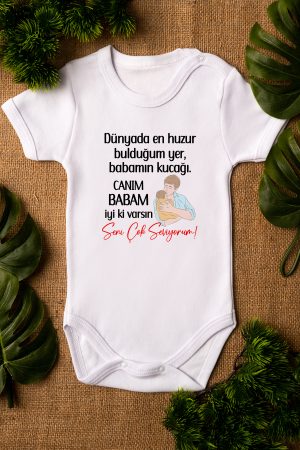 Baba Kucağı Baskılı Kısa Kollu Beyaz Bebek Body Badi Zıbın 5257