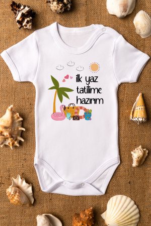 İlk Yaz Tatilime Hazırım Baskılı Kısa Kollu Beyaz Bebek Body Badi Zıbın 5260