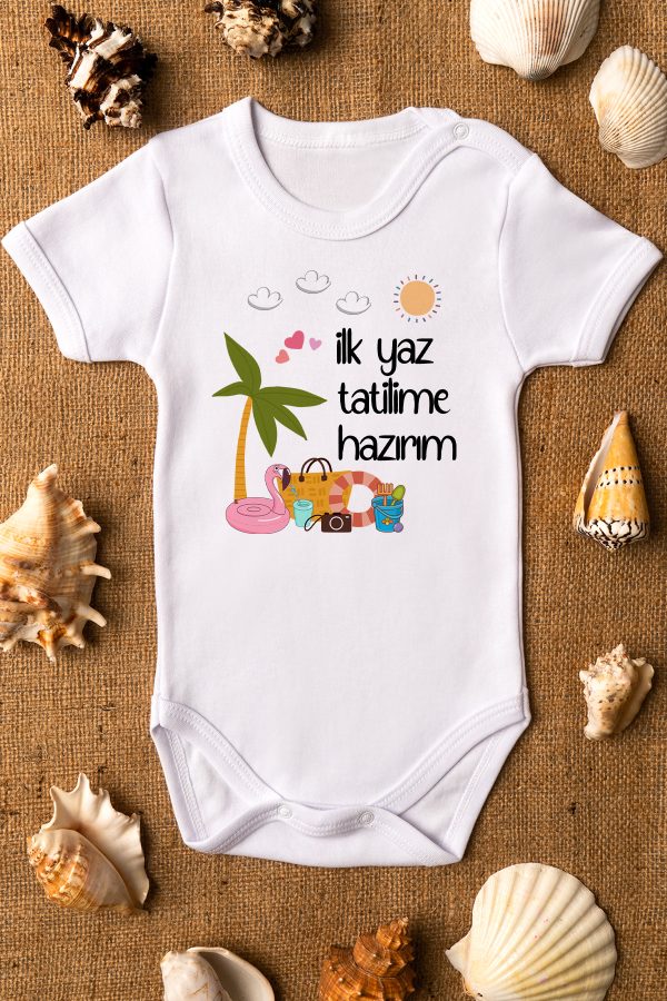 İlk Yaz Tatilime Hazırım Baskılı Kısa Kollu Beyaz Bebek Body Badi Zıbın 5260