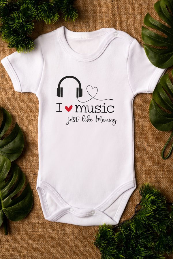 I Love Music Just Like Mommy Yazılı Kısa Kollu Beyaz Bebek Body Zıbın 5266
