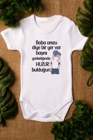 Baba Omzu Yazılı Kısa Kollu Beyaz Bebek Body Badi Zıbın 5273