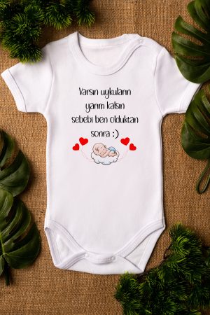 Varsın Uykuların Yarım Kalsın Yazılı Kısa Kollu Beyaz Bebek Body Zıbın 5279