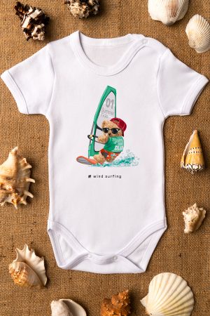 Teddy Bear Sörf Baskılı Kısa Kollu Beyaz Bebek Body Badi Zıbın 5281
