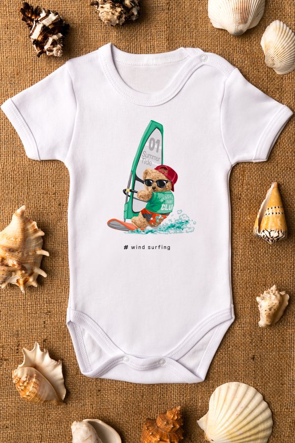 Teddy Bear Sörf Baskılı Kısa Kollu Beyaz Bebek Body Badi Zıbın 5281