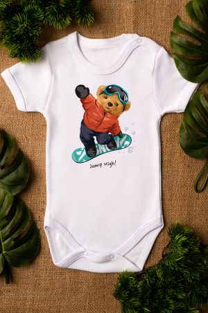 Teddy Bear Snowboard Baskılı Kısa Kollu Beyaz Bebek Body Badi Zıbın 5284