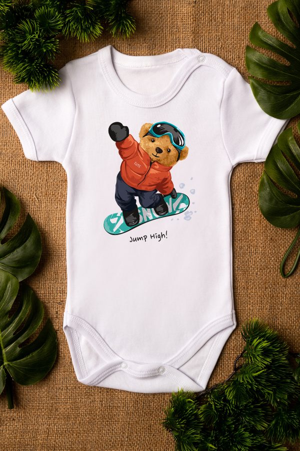 Teddy Bear Snowboard Baskılı Kısa Kollu Beyaz Bebek Body Badi Zıbın 5284