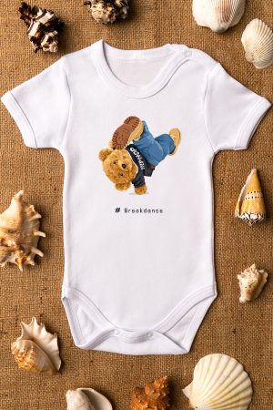 Teddy Bear Break Dance Baskılı Kısa Kollu Beyaz Bebek Body Badi Zıbın 5285