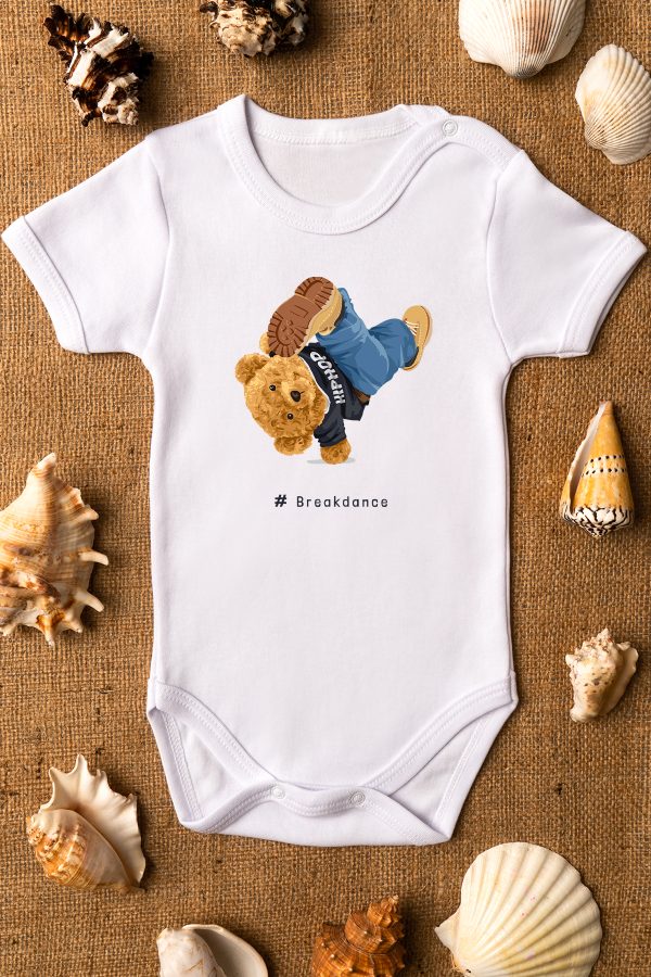 Teddy Bear Break Dance Baskılı Kısa Kollu Beyaz Bebek Body Badi Zıbın 5285