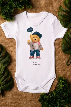 Teddy Bear Baskılı Kısa Kollu Beyaz Bebek Body Badi Zıbın 5290