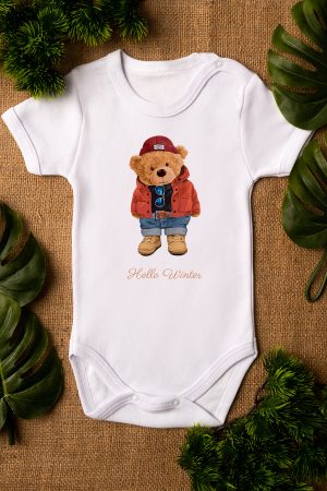 Teddy Bear Baskılı Kısa Kollu Beyaz Body Badi Zıbın 5291