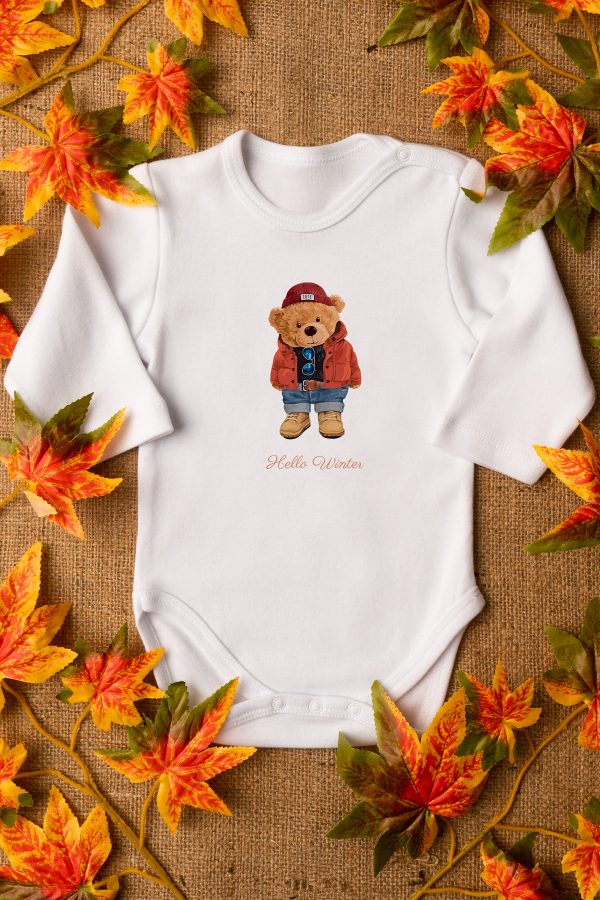 Teddy Bear Baskılı  Uzun Kollu Body Beyaz Bebek Badi Zıbın 5291-U