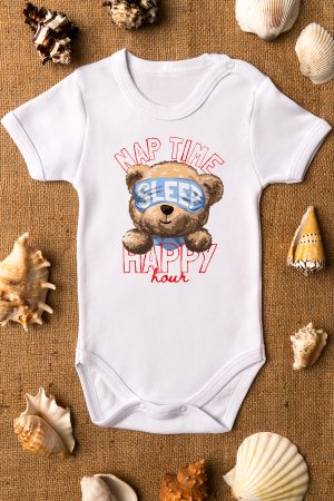 Teddy Bear Nap Time Baskılı Kısa Kollu Beyaz Bebek Body Badi Zıbın 5295