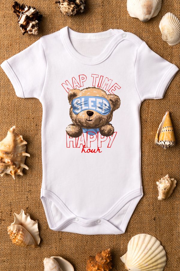 Teddy Bear Nap Time Baskılı Kısa Kollu Beyaz Bebek Body Badi Zıbın 5295