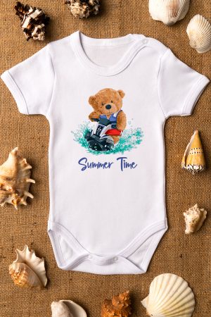 Teddy Bear Summer Time Baskılı Kısa Kollu Beyaz Bebek Body Badi Zıbın 5296