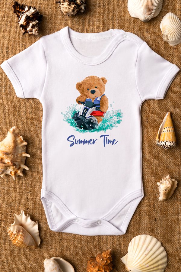 Teddy Bear Summer Time Baskılı Kısa Kollu Beyaz Bebek Body Badi Zıbın 5296