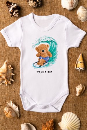 Teddy Bear Sörf Baskılı Kısa Kollu Beyaz Bebek Body Badi Zıbın 5297
