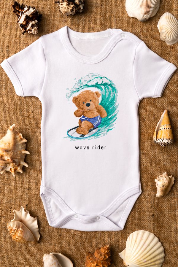 Teddy Bear Sörf Baskılı Kısa Kollu Beyaz Bebek Body Badi Zıbın 5297