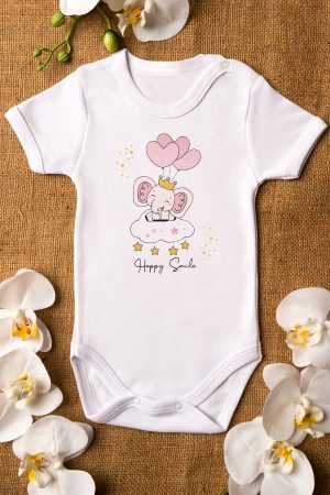 Sevimli Fil Happy Smile Baskılı Kısa Kollu Beyaz Bebek Body Badi Zıbın 5305