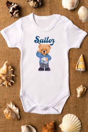 Denizci Teddy Bear Baskılı Kısa Kollu Beyaz Bebek Body Badi Zıbın 5309