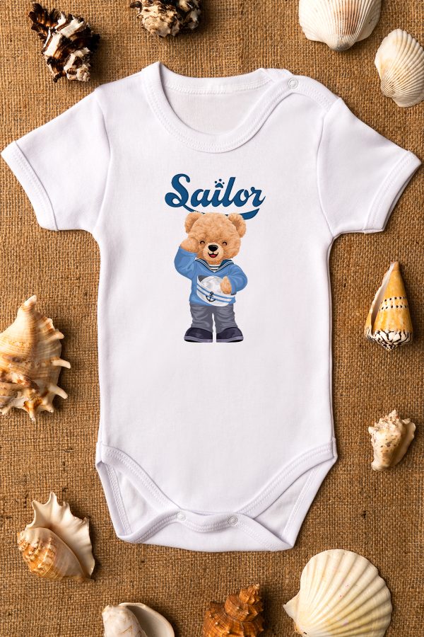 Denizci Teddy Bear Baskılı Kısa Kollu Beyaz Bebek Body Badi Zıbın 5309