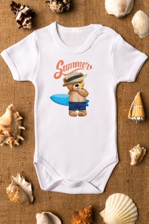 Teddy Bear Summer Baskılı Kısa Kollu Beyaz Bebek Body Badi Zıbın 5310