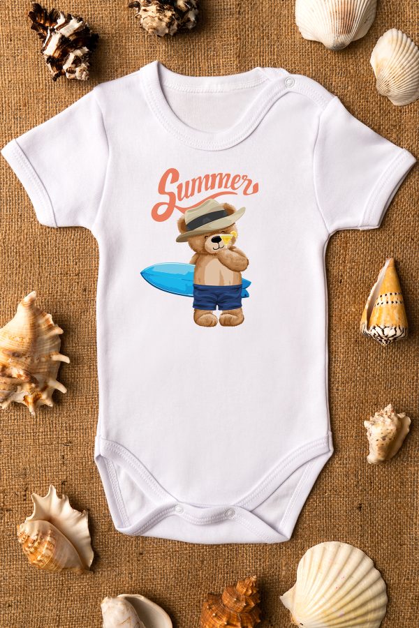 Teddy Bear Summer Baskılı Kısa Kollu Beyaz Bebek Body Badi Zıbın 5310