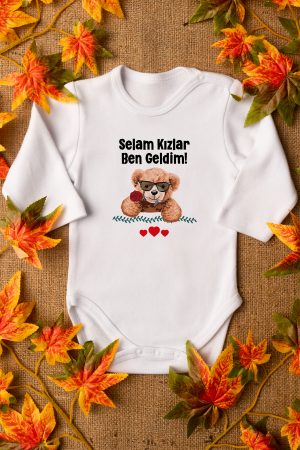 Teddy Bear Selam Kızlar Ben Geldim Baskılı Uzun Kollu Beyaz Bebek Body Zıbın 5346-U