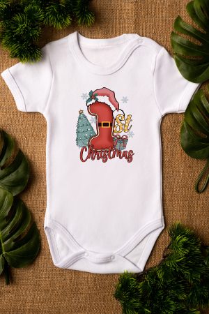 First Christmas Yılbaşı Baskılı Kısa Kollu Beyaz Bebek Body Badi Zıbın 5363