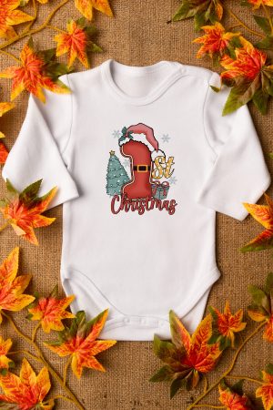 First Christmas Yılbaşı Baskılı Uzun Kollu Beyaz Bebek Body Badi Zıbın 5363-U