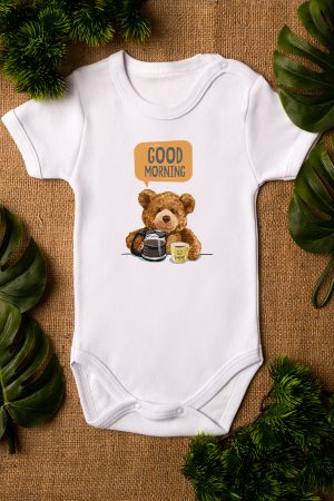 Teddy Bear Good Morning Baskılı Kısa Kollu Beyaz Bebek Body Badi Zıbın 5364