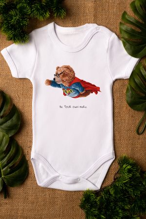 Teddy Bear Baskılı Kısa Kollıu Beyaz Bebek Body Badi Zıbın 5365