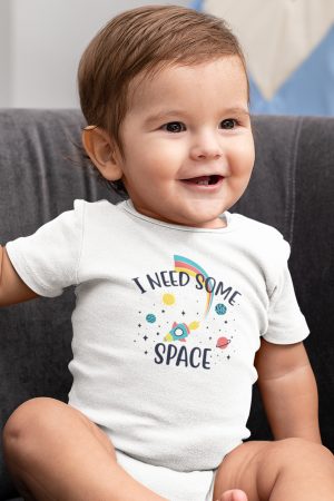Space Uzay Bakılı Kısa Kollu Beyaz Bebek Body Badi Çıtçıtlı Zıbın 5373