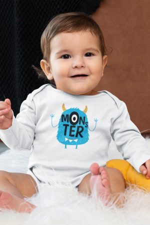 Little Monster Baskılı Uzun Kollu Beyaz Bebek Body Badi Çıtçıtlı Zıbın 5374-U
