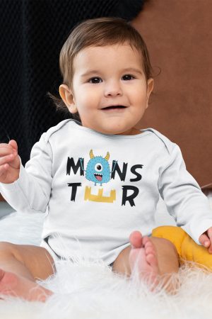 Little Monster Baskılı Uzun Kollu Beyaz Bebek Body Badi Çıtçıtlı Zıbın 5375-U