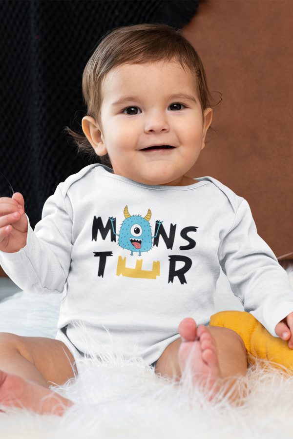 Little Monster Baskılı Uzun Kollu Beyaz Bebek Body Badi Çıtçıtlı Zıbın 5375-U