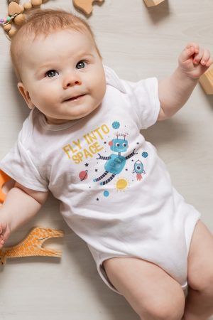 Space Uzay Baskılı Kısa Kollu Beyaz Bebek Body Badi Çıtçıtlı Zıbın 5377