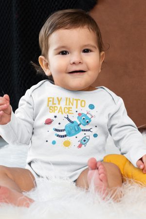 Space Uzay Baskılı Uzun Kollu Beyaz Bebek Body Badi Çıtçıtlı Zıbın 5377-U