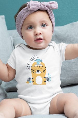 Say Cheese Kaplan Baskılı Kısa Kollu Beyaz Bebek Body Badi Çıtçıtlı Zıbın 5382